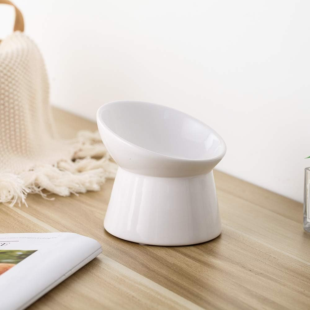 White Small Ceramic Raised Cat Bowls, Tilted Elevated Food or Water Bowls, Stress Free, Backflow Prevention, Dishwasher and Microwave Safe, Lead & Cadmium Free