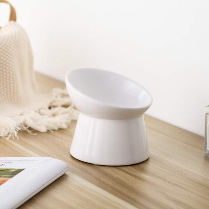 White Small Ceramic Raised Cat Bowls, Tilted Elevated Food or Water Bowls, Stress Free, Backflow Prevention, Dishwasher and Microwave Safe, Lead & Cadmium Free
