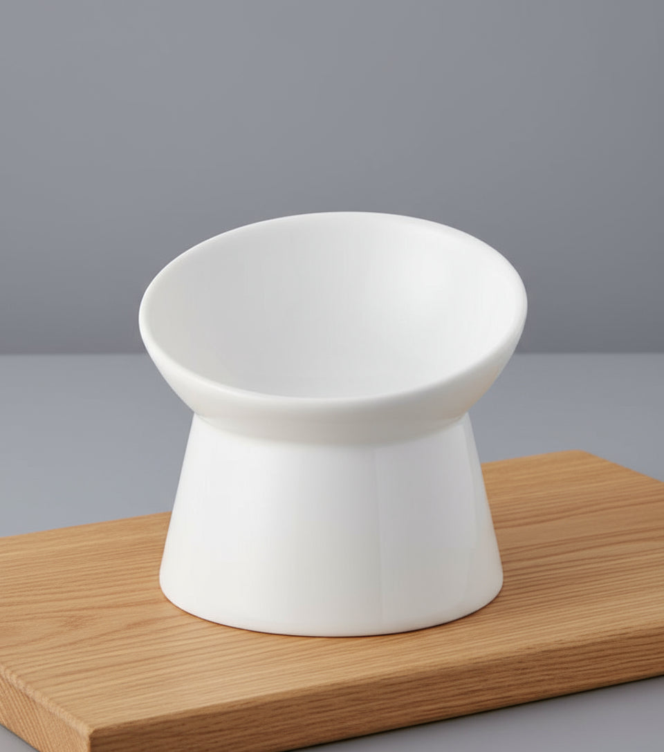 White Small Ceramic Raised Cat Bowls, Tilted Elevated Food or Water Bowls, Stress Free, Backflow Prevention, Dishwasher and Microwave Safe, Lead & Cadmium Free